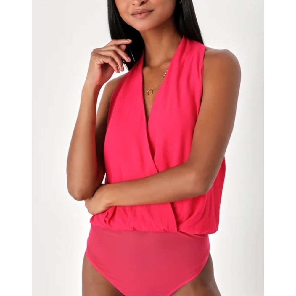 NWT Lulus Fuchsia Pink Plunging Halter Neck Bodysuit L Party Holiday‎ Resortwear